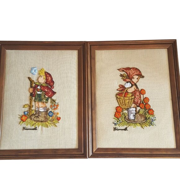 Hummel Vintage Crewel Embroidery Wall Art Framed 10x14 Lot of 2 Finished - Picture 2 of 12